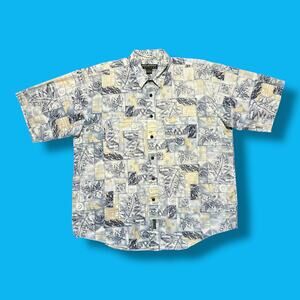 Vintage Leaf Print Button Up Shirt Geometric Pattern Cotton 80s 90s XL